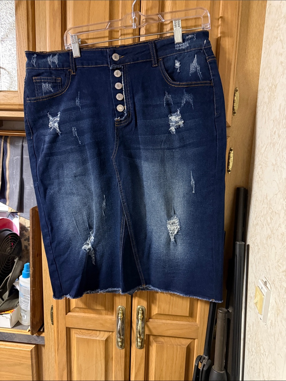 Distressed Dark Blue Denim Midi Skirt with Button Front